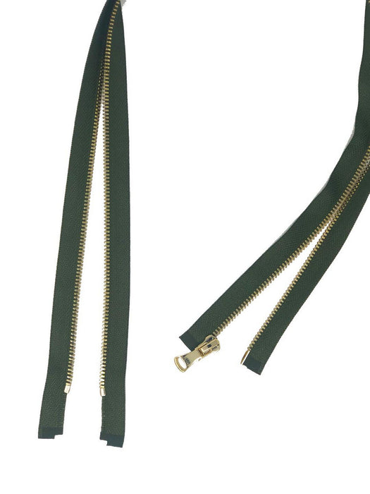 Glossy 5MM One-Way Separating Open Bottom Zipper, Olive Green/Gold | 28 Inch Length