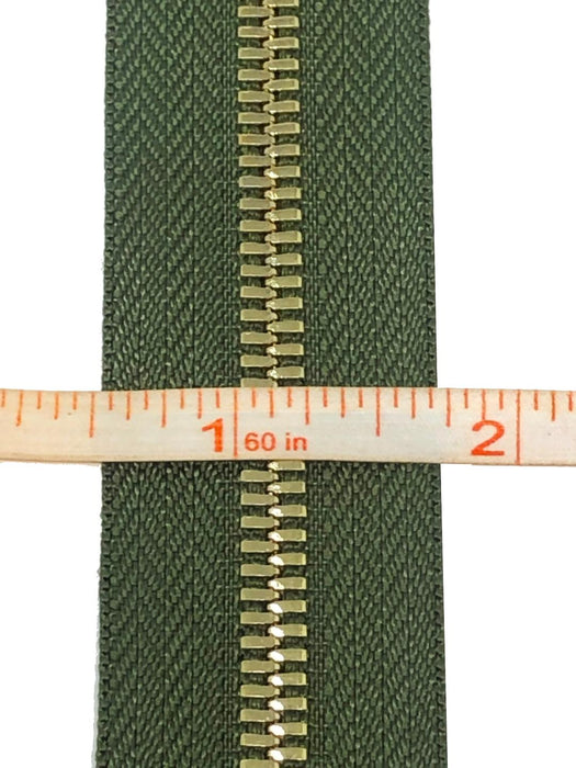 Glossy 5MM One-Way Separating Open Bottom Zipper, Olive Green/Gold | 28 Inch Length