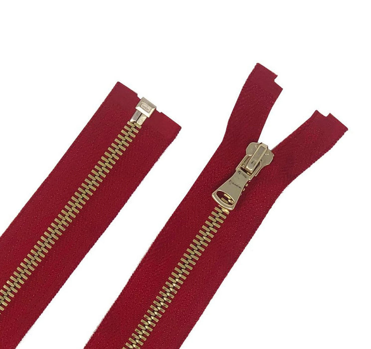 Glossy 5MM One-Way Separating Open Bottom Zipper, Red/Gold | 28 Inch Length