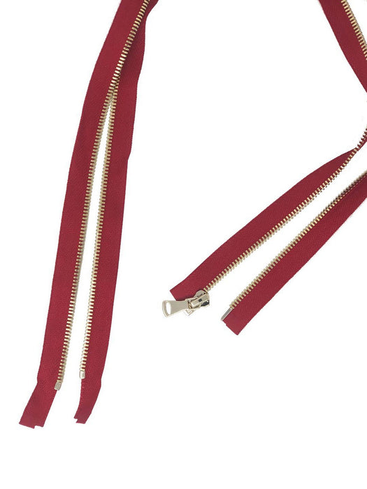 Glossy 5MM One-Way Separating Open Bottom Zipper, Red/Gold | 28 Inch Length