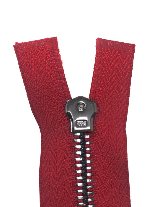 Glossy 5MM or 8MM One-Way Separating Open Bottom Zipper, Red/Gun Metal | 28 Inch Length