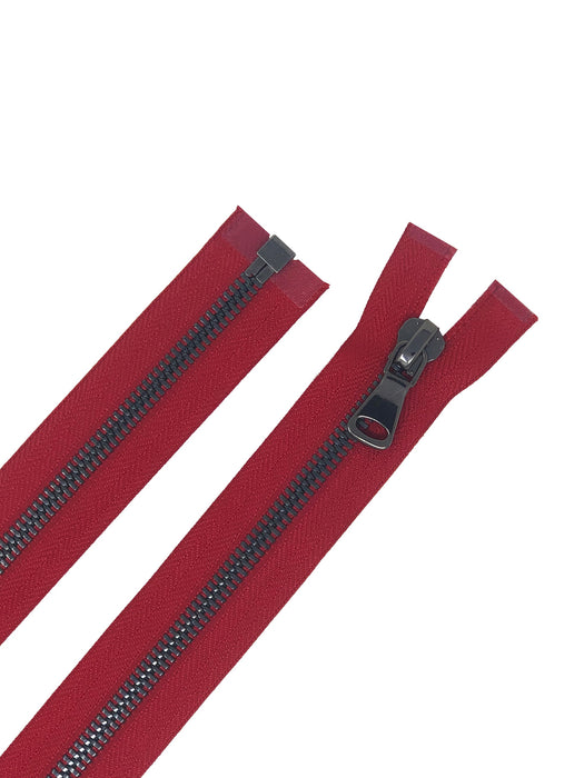 Glossy 5MM or 8MM One-Way Separating Open Bottom Zipper, Red/Gun Metal | 28 Inch Length