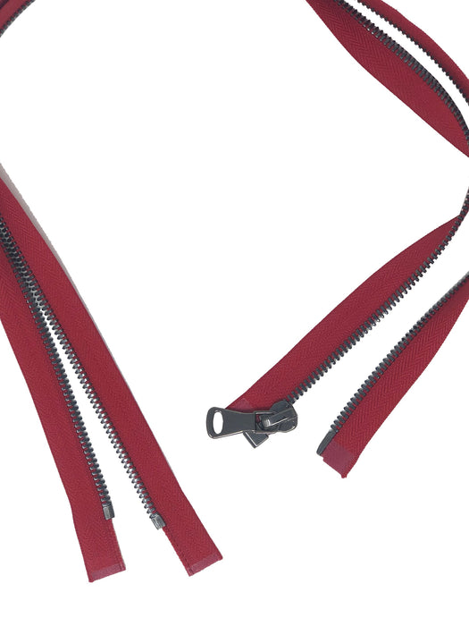 Glossy 5MM or 8MM One-Way Separating Open Bottom Zipper, Red/Gun Metal | 28 Inch Length