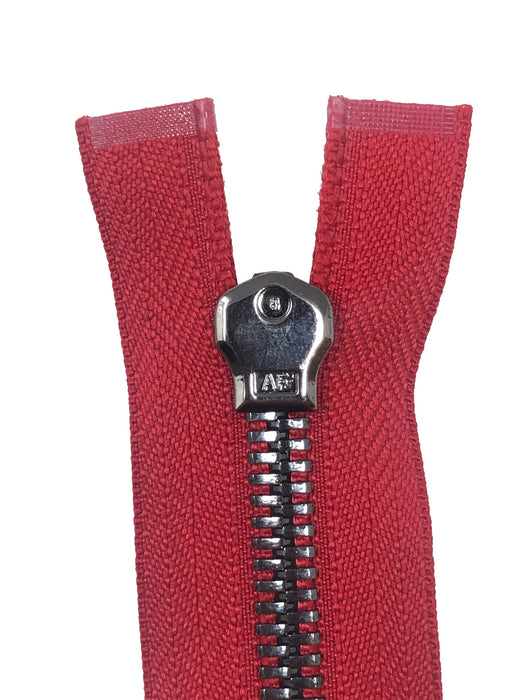 Glossy 5MM or 8MM One-Way Separating Open Bottom Zipper, Red/Gun Metal | 28 Inch Length