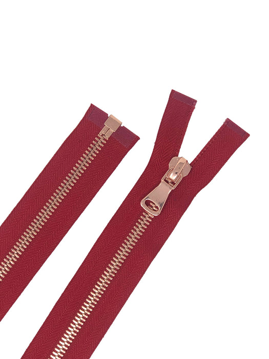 Glossy 8MM One-Way Separating Open Bottom Zipper, Red/Rose Gold | 28 Inch Length