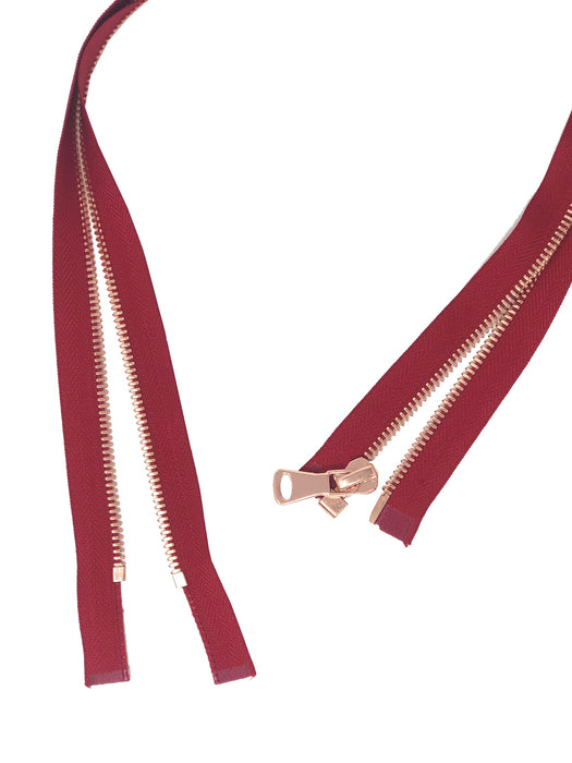 Glossy 8MM One-Way Separating Open Bottom Zipper, Red/Rose Gold | 28 Inch Length