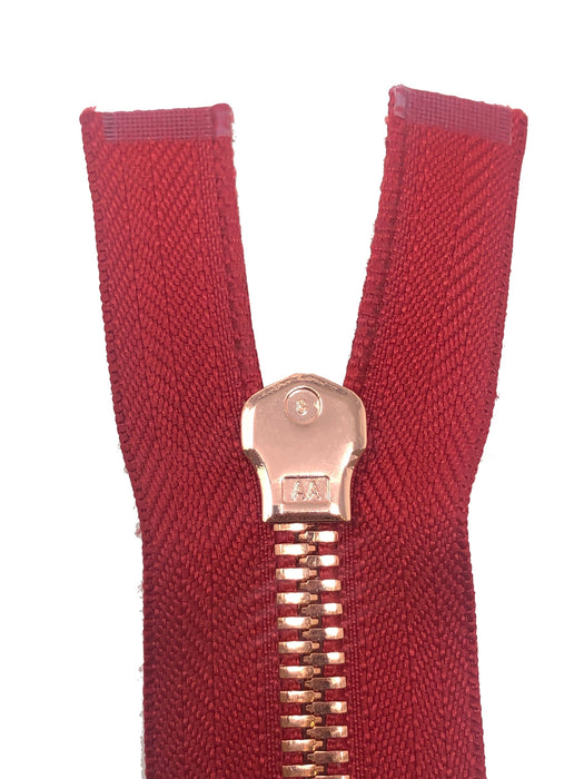 Glossy 8MM One-Way Separating Open Bottom Zipper, Red/Rose Gold | 28 Inch Length