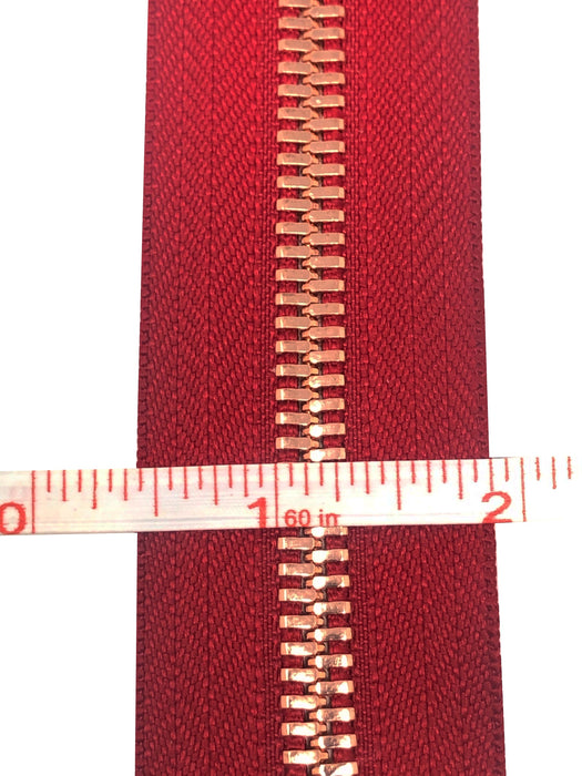 Glossy 8MM One-Way Separating Open Bottom Zipper, Red/Rose Gold | 28 Inch Length