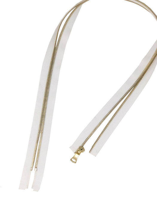 Glossy 5MM One-Way Separating Open Bottom Zipper, White/Gold | 28 Inch Length