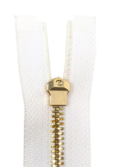 Glossy 5MM One-Way Separating Open Bottom Zipper, White/Gold | 28 Inch Length