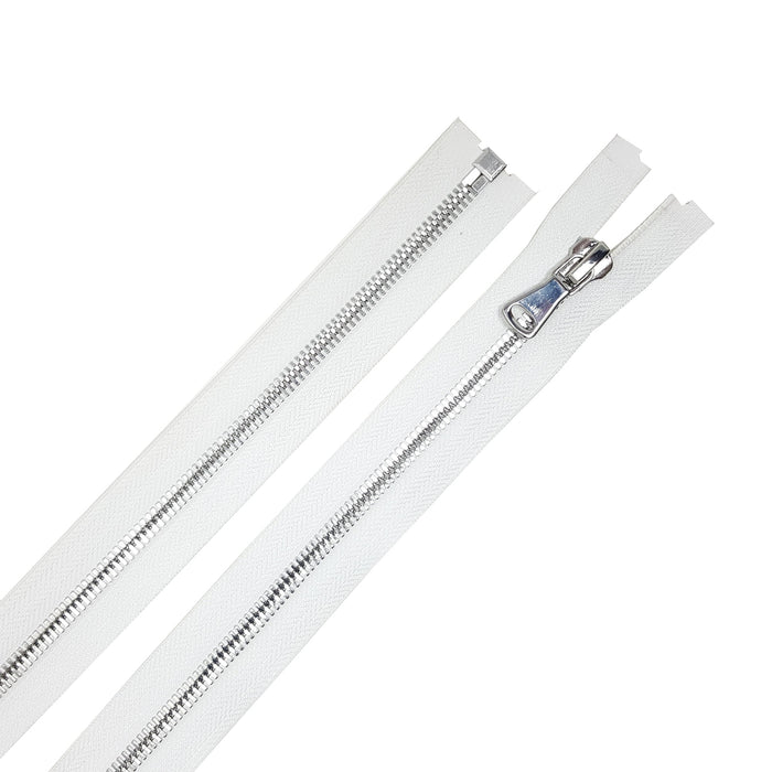 Glossy 8MM One-Way Separating Open Bottom Zipper, White/Silver | 28 Inch Length