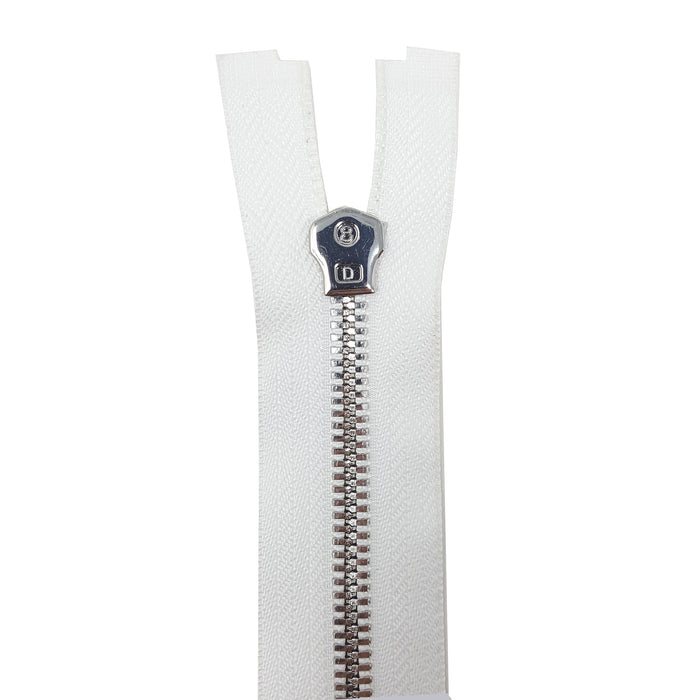 Glossy 8MM One-Way Separating Open Bottom Zipper, White/Silver | 28 Inch Length