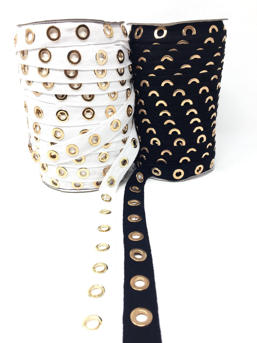 Black OR White Eyelet Gold Plated Cotton Twill Tape By Yard - ZipUpZipper