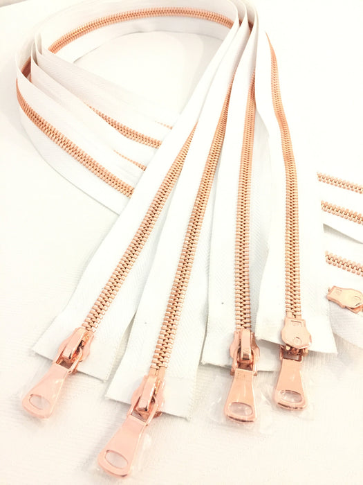 Wholesale White Glossy Rose Gold Two-Way Separating Zipper in 5MM or 8MM Open Bottom - Choose Length - - ZipUpZipper